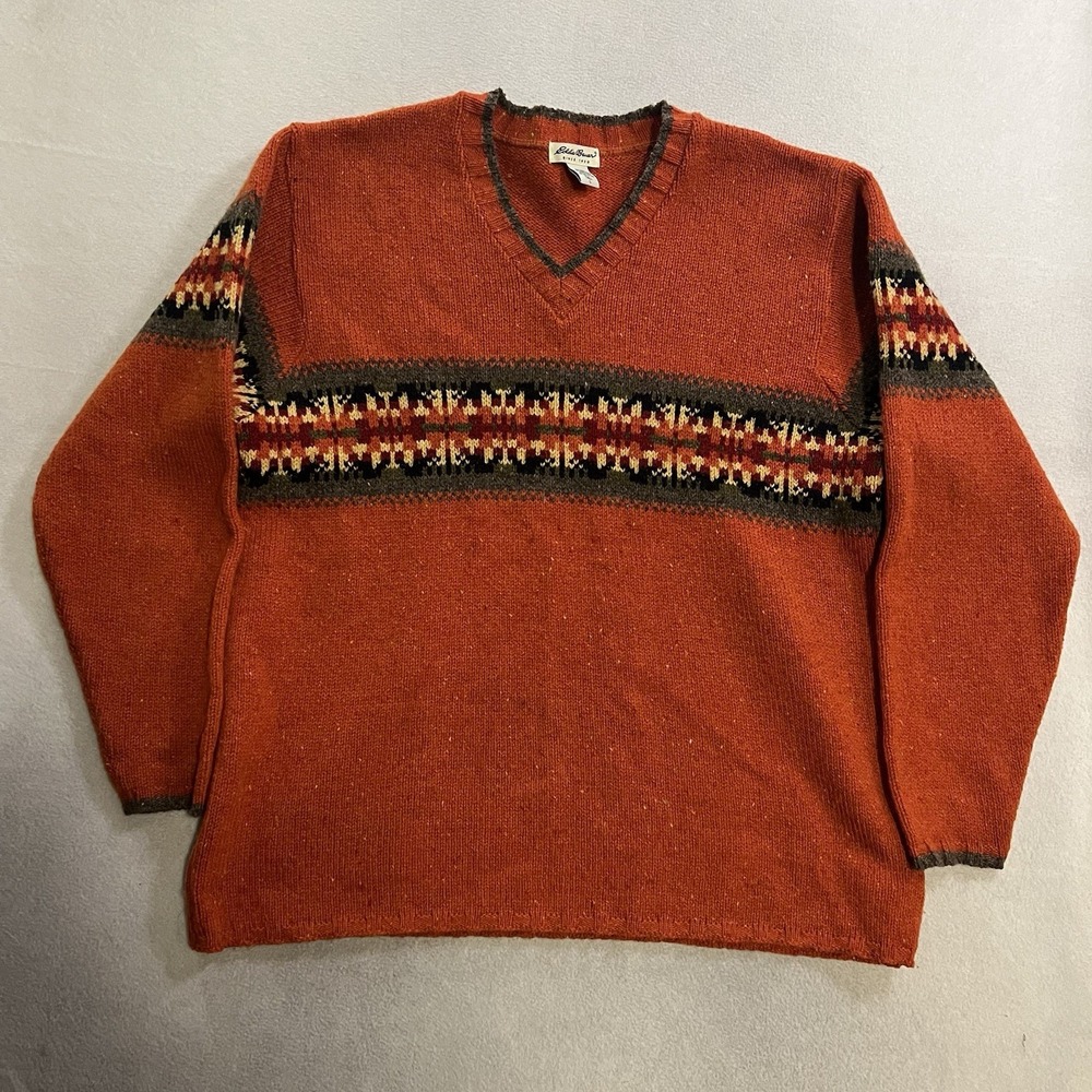 Eddie Bauer Fair Isle V-Neck Pullover Sweater Men's Large Fall Orange Wool Blend